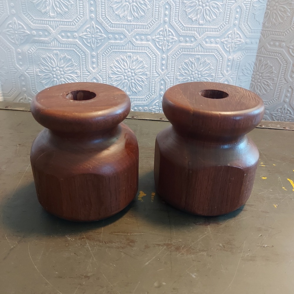 Vintage Handcrafted Solid Wood Candle Holders Set of 2 Brown Faceted MCM 4x3